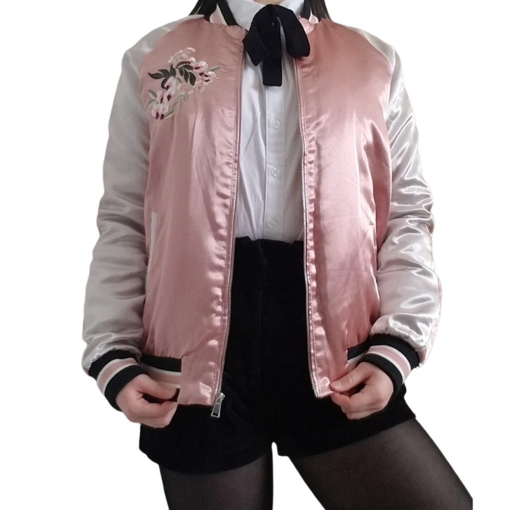 Pink Embroidered Floral Satin Bomber Jacket